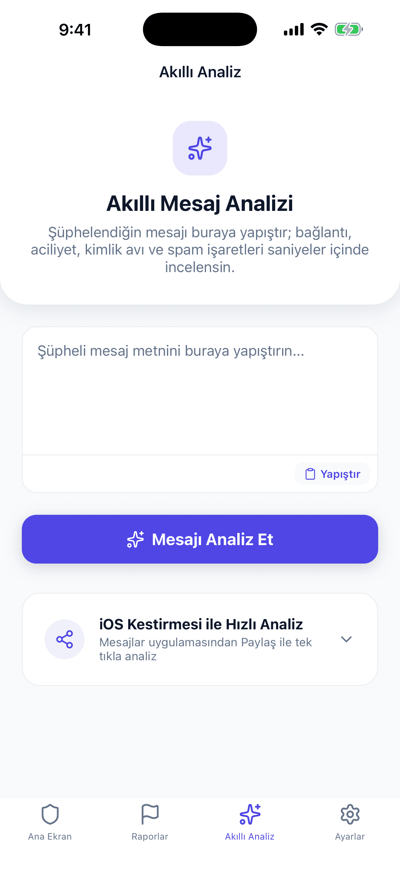 FiltreAI Akıllı Mesaj Analizi ekranı