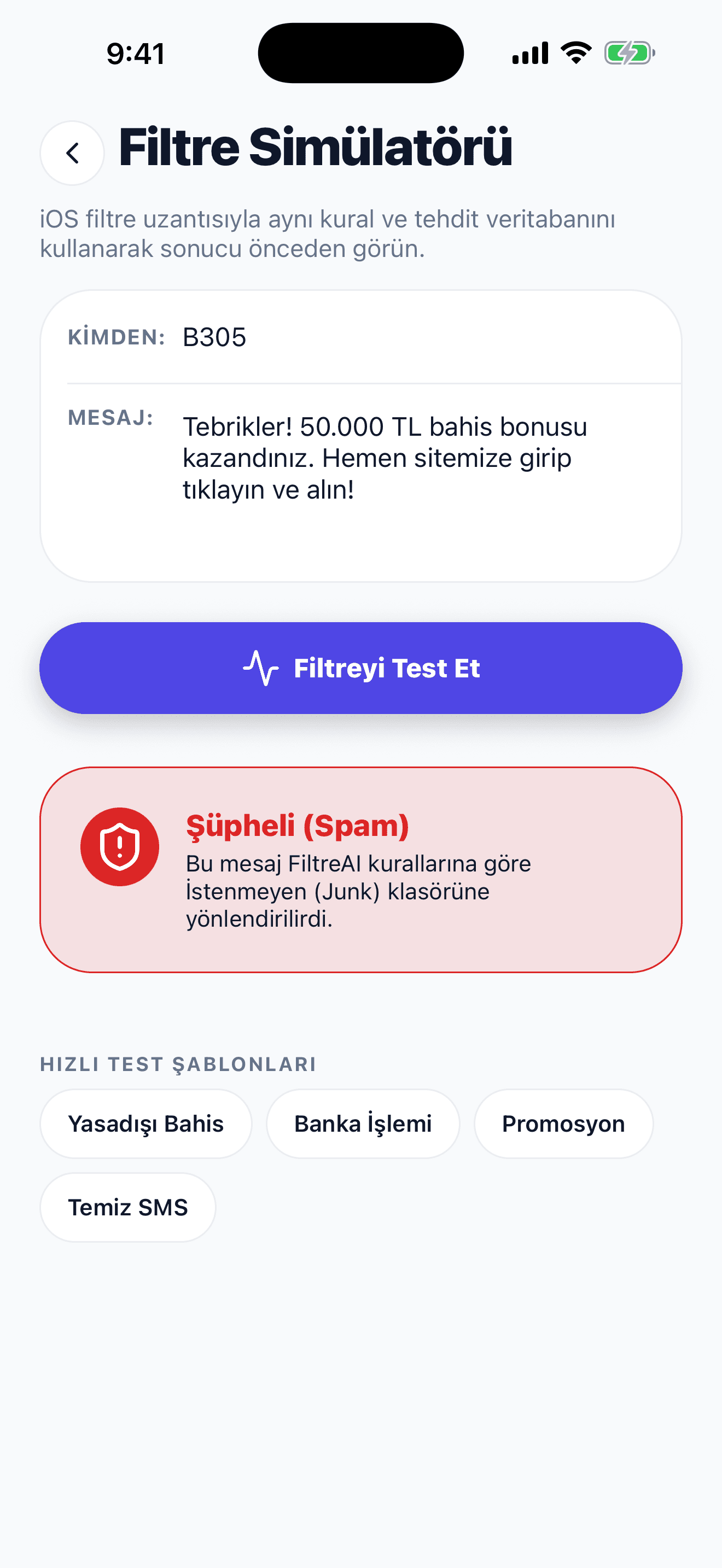 FiltreAI Filtre Simülatörü: örnek bir bahis mesajı Şüpheli olarak işaretleniyor